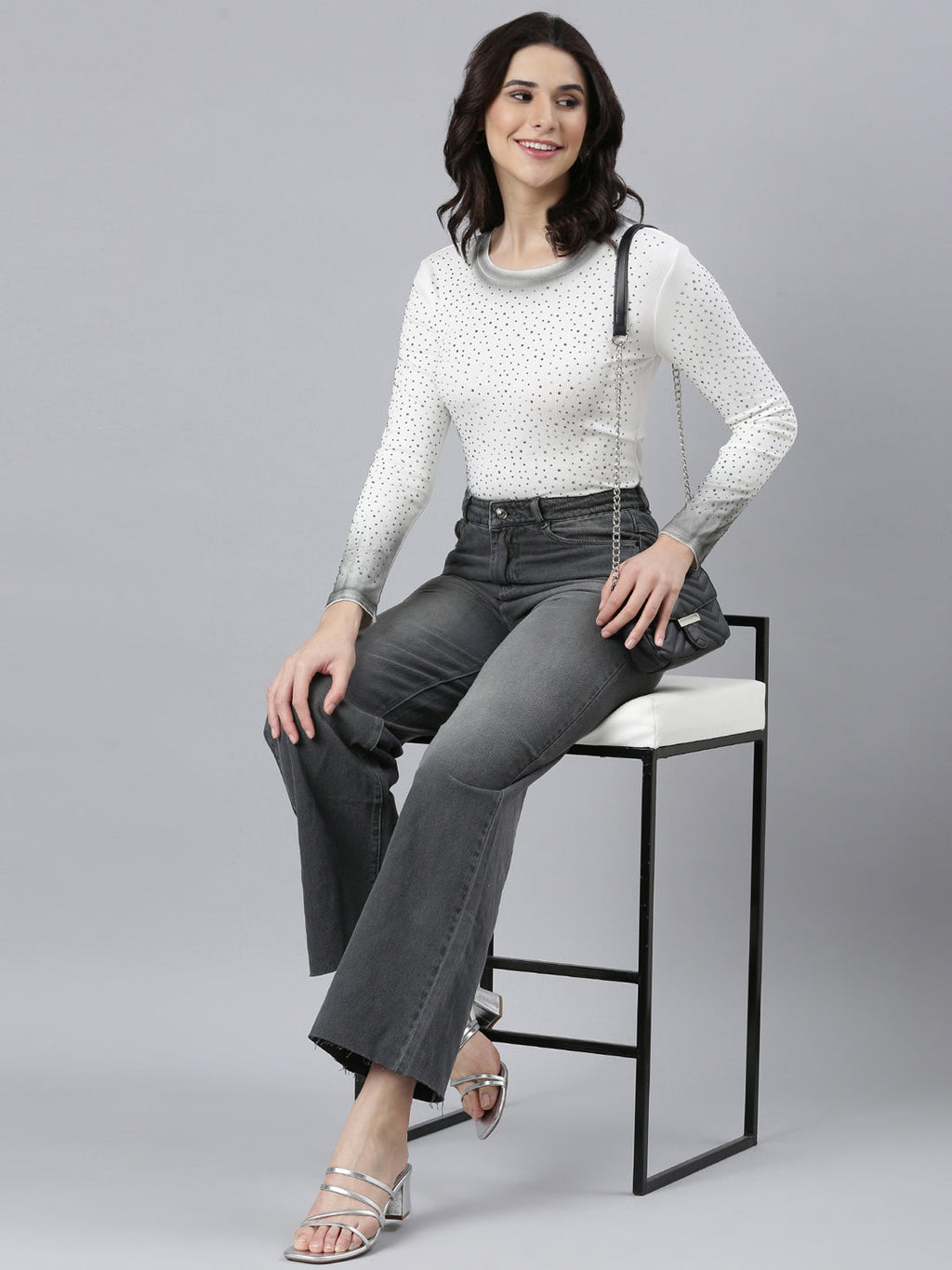 Women's White Polka Dots Printed Round Neck Knitted Studded Top