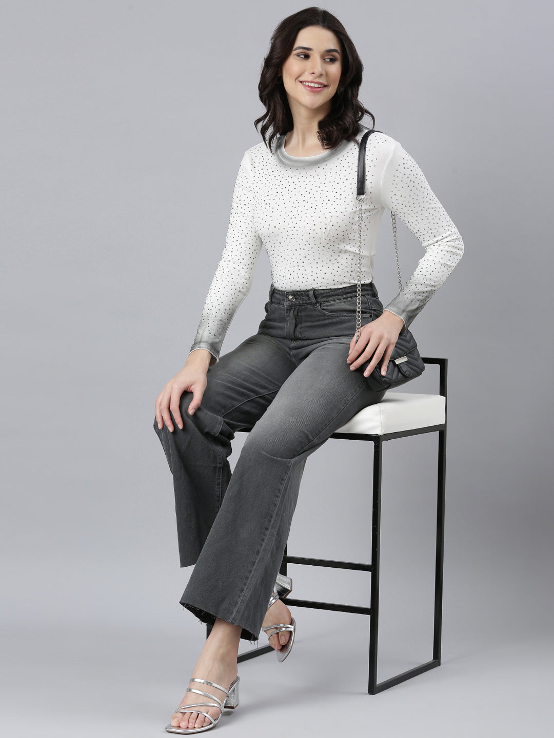 Women's White Polka Dots Printed Round Neck Knitted Studded Top