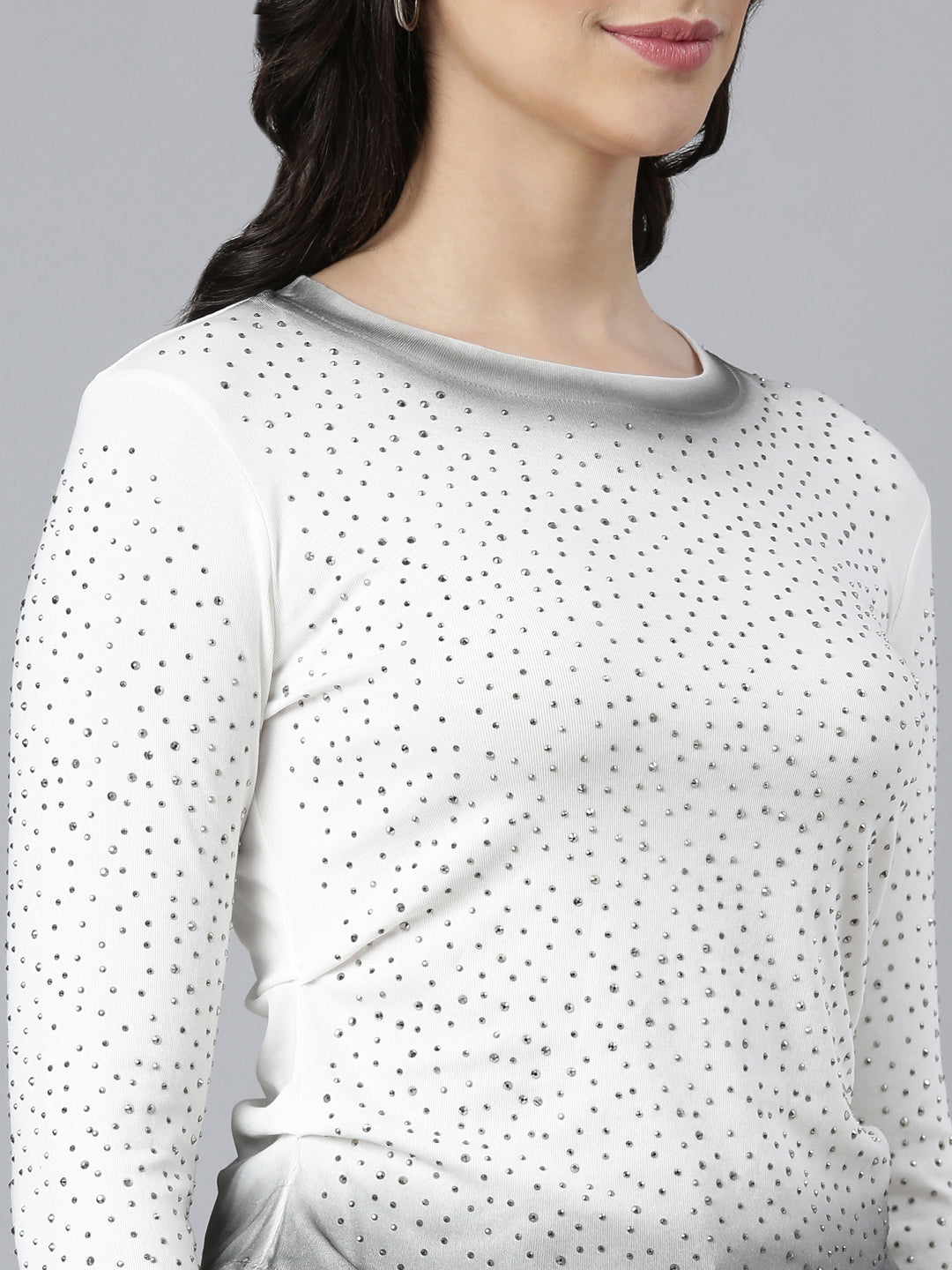 Women's White Polka Dots Printed Round Neck Knitted Studded Top