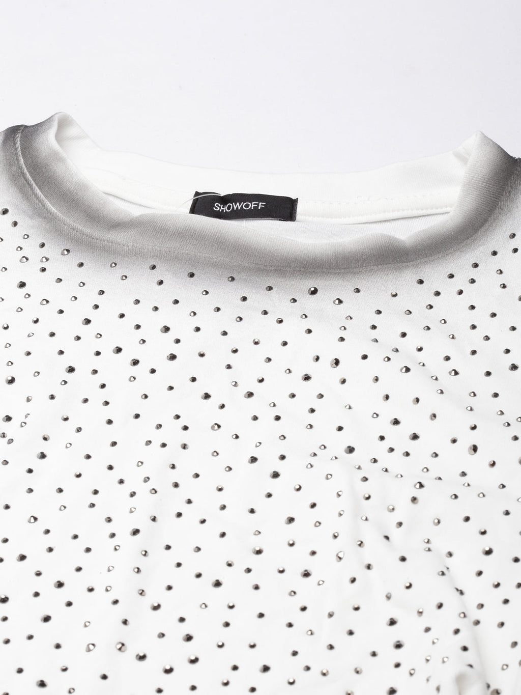 Women's White Polka Dots Printed Round Neck Knitted Studded Top