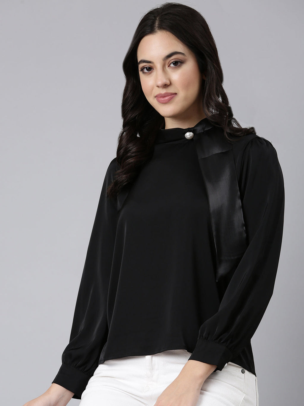 Women's Black High Neck Long Sleeves Satin Top