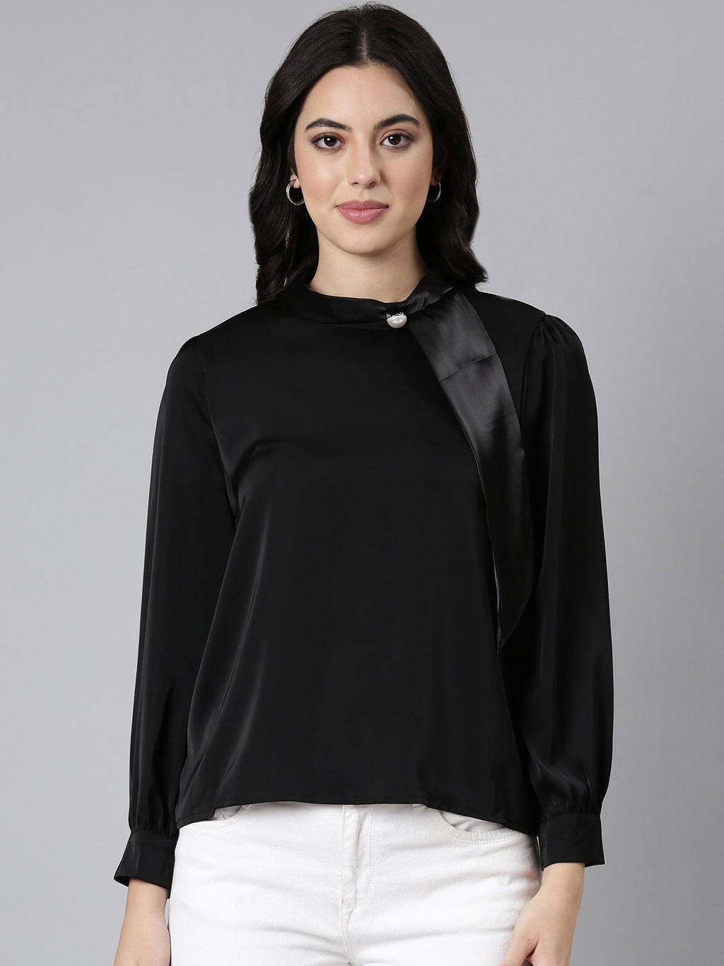 Women's Black High Neck Long Sleeves Satin Top