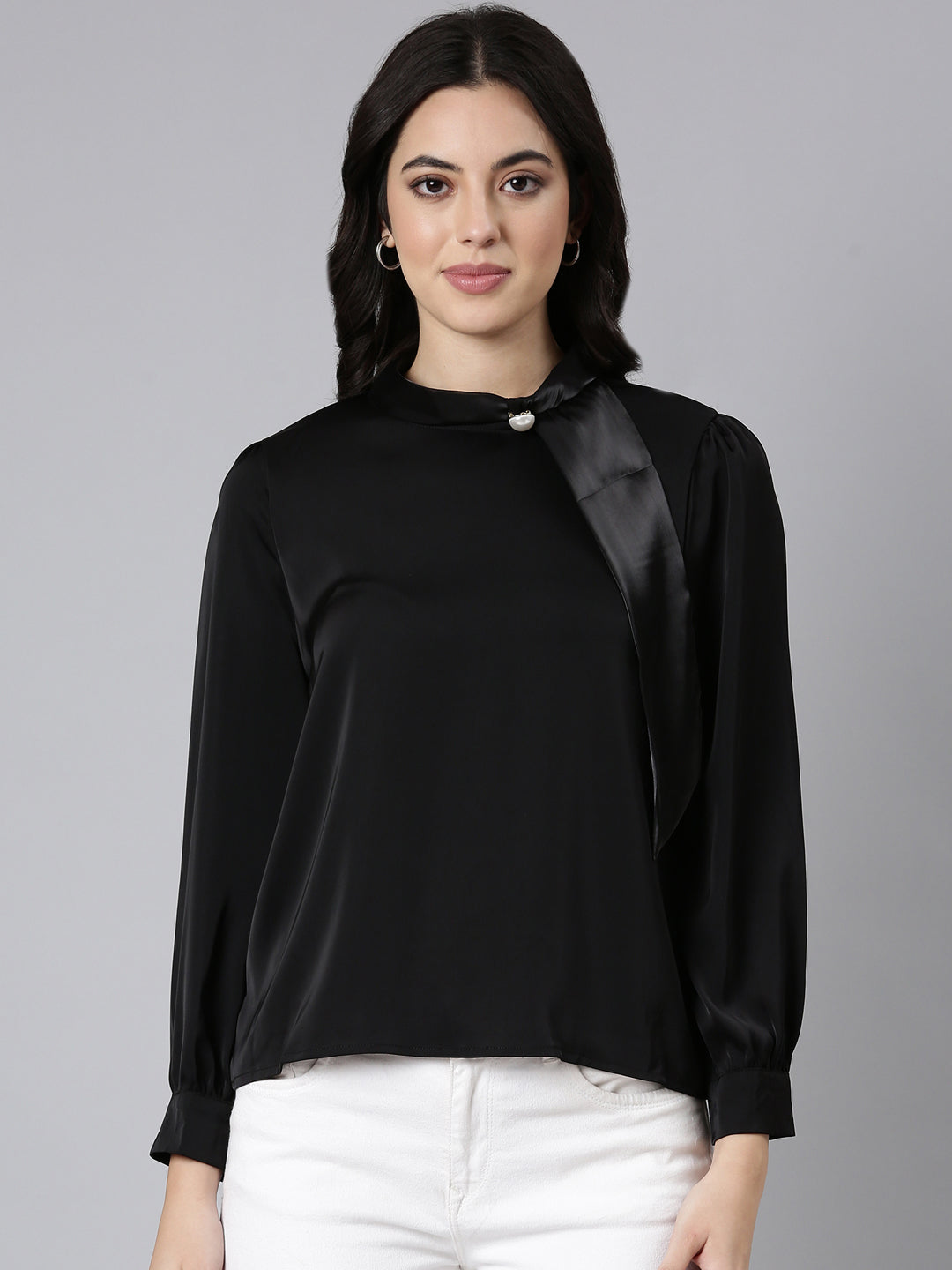 Women's Black High Neck Long Sleeves Satin Top