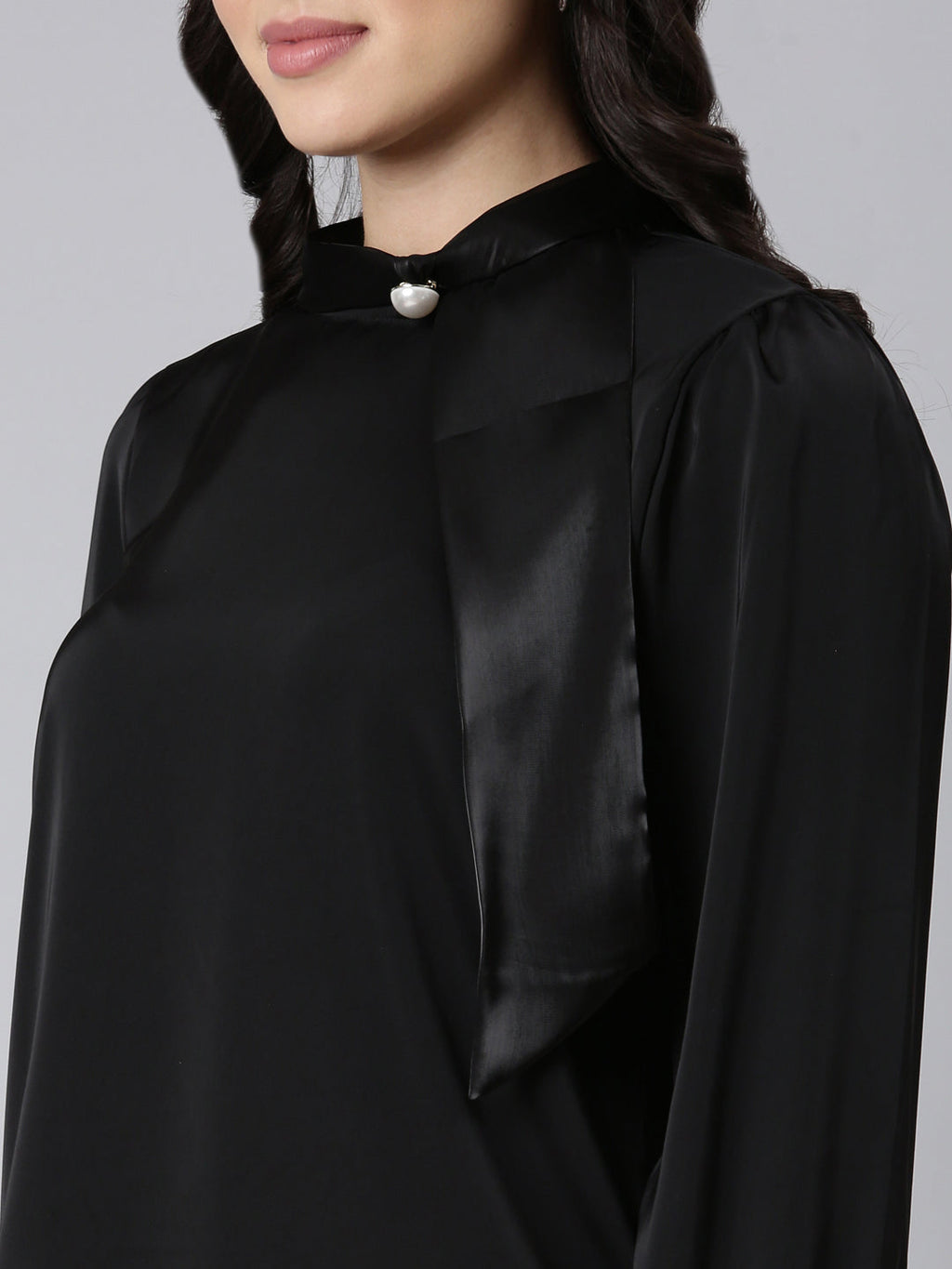 Women's Black High Neck Long Sleeves Satin Top