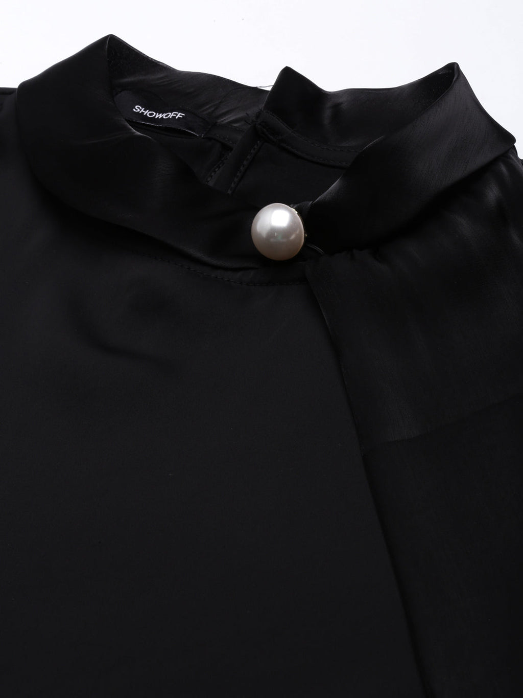 Women's Black High Neck Long Sleeves Satin Top