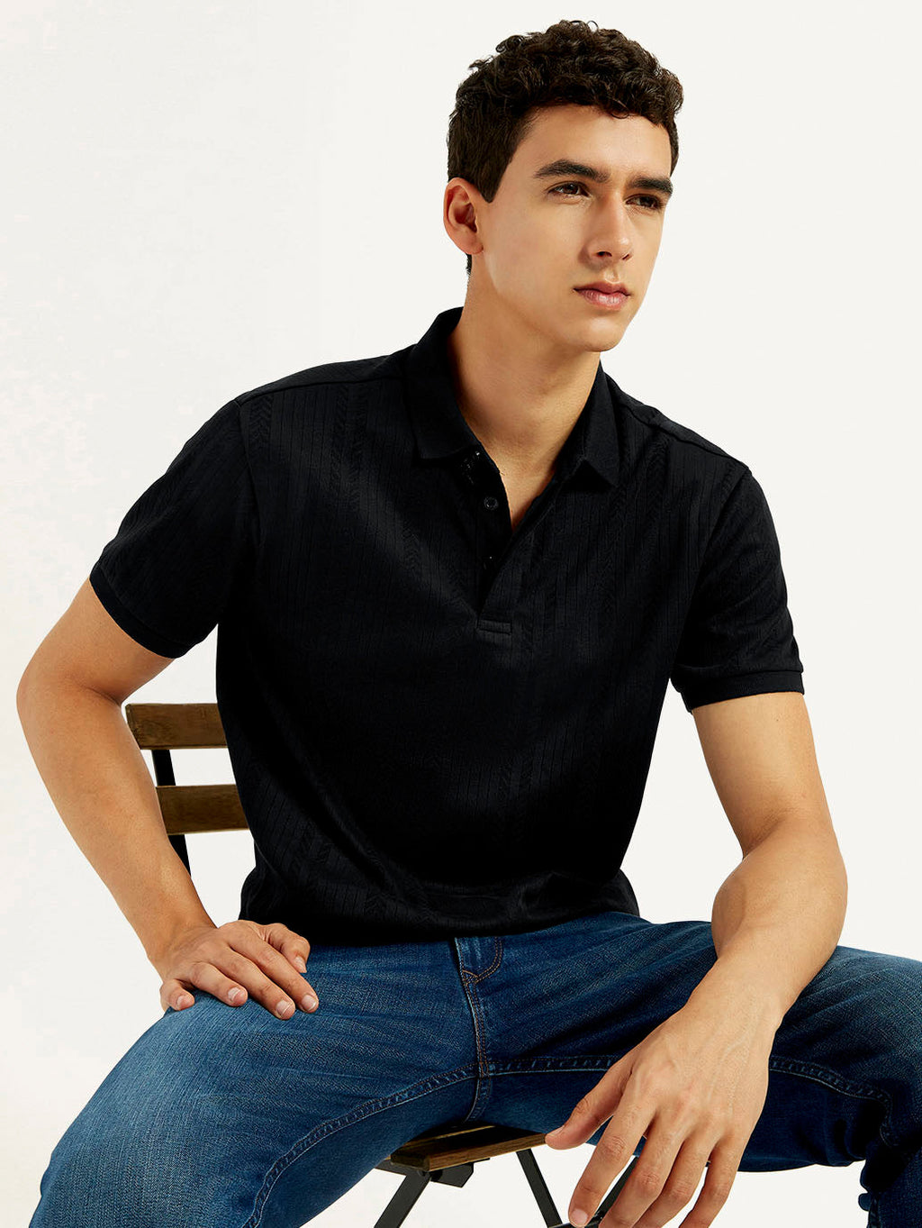 Men's Redloop Self Design Black Slim Fit Polo T-shirt