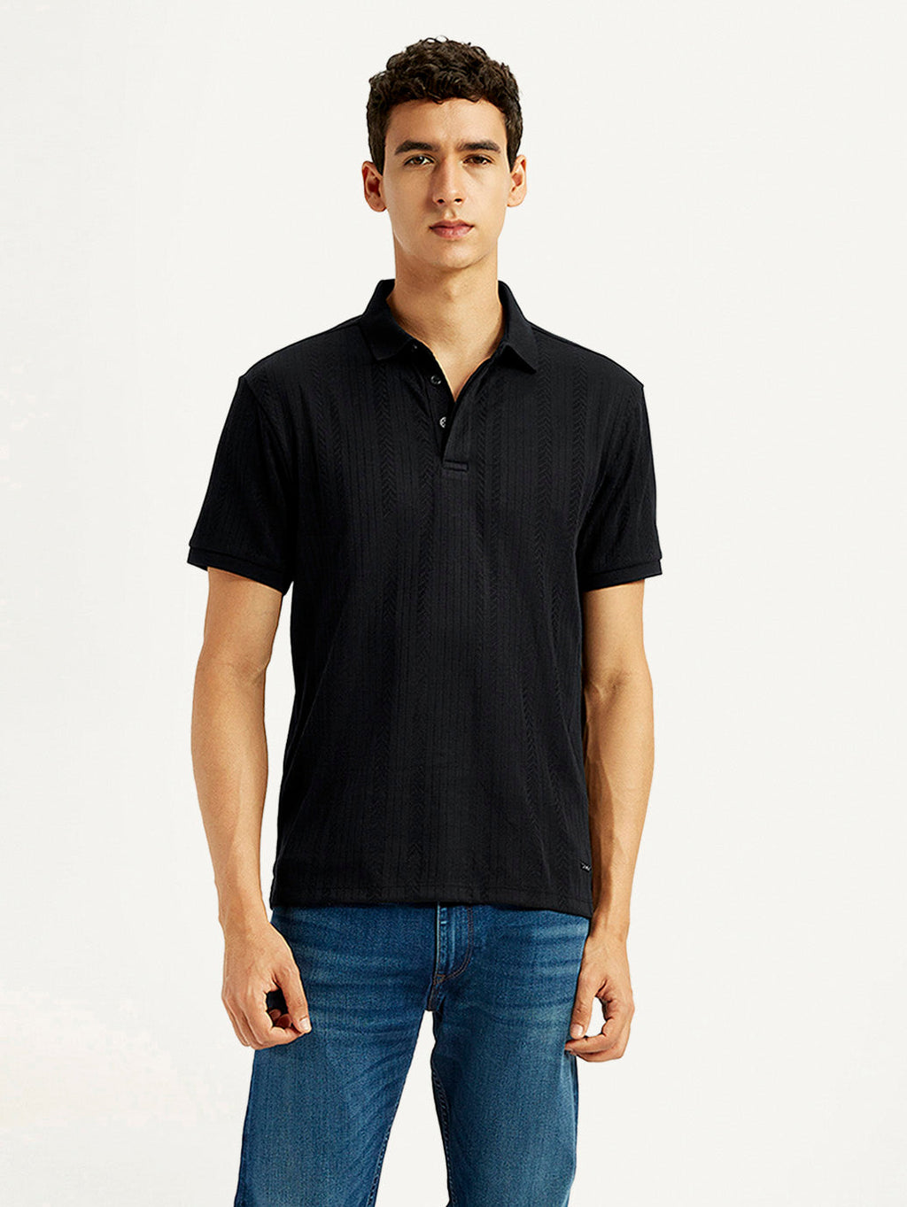 Men's Redloop Self Design Black Slim Fit Polo T-shirt