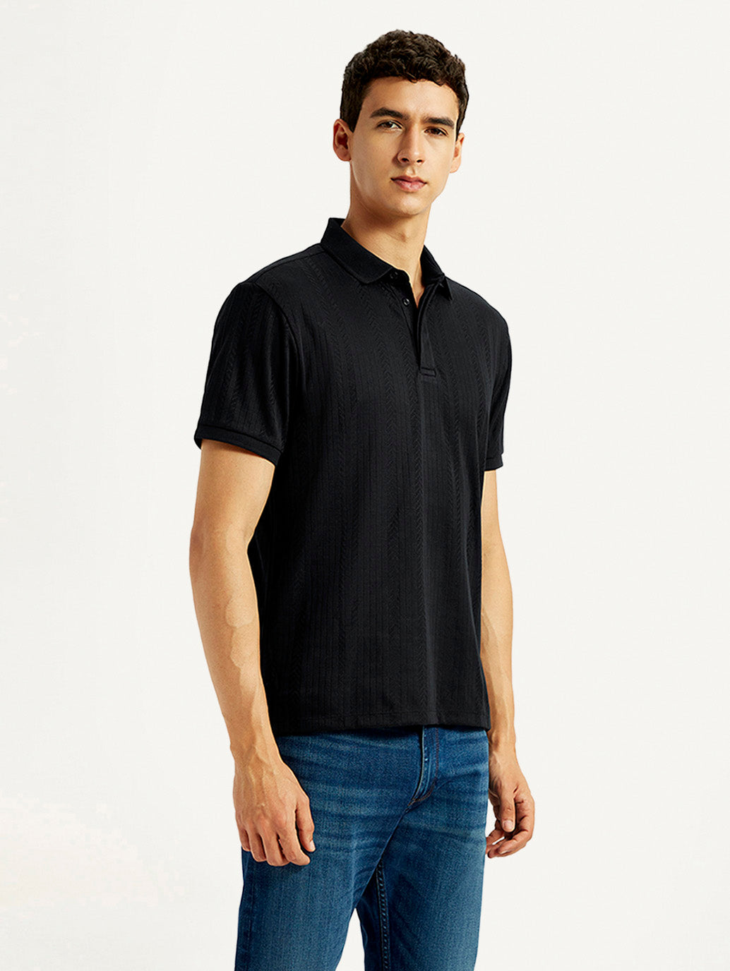 Men's Redloop Self Design Black Slim Fit Polo T-shirt