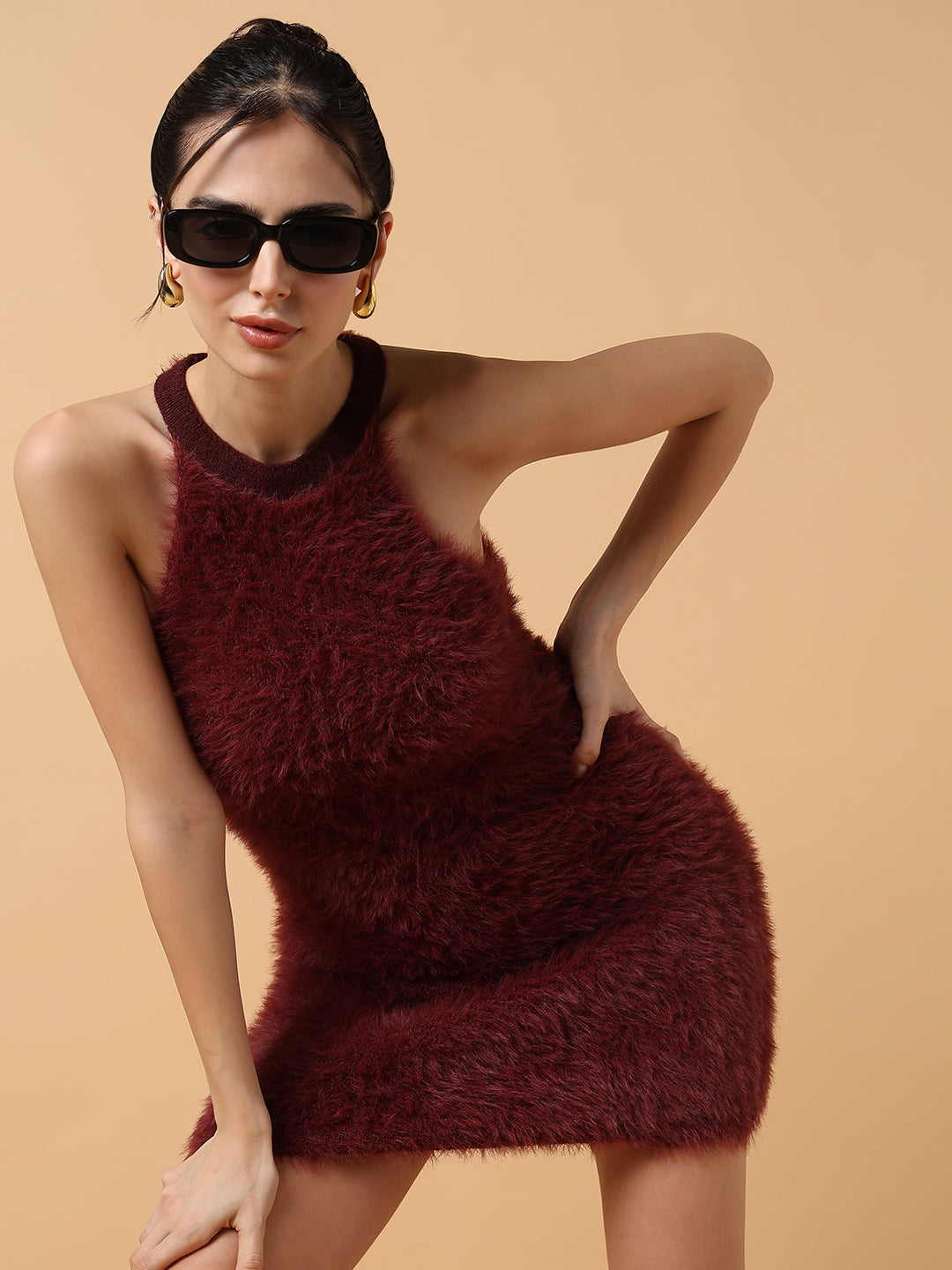 Women's Maroon Halter Neck Bodycon Mini Dress