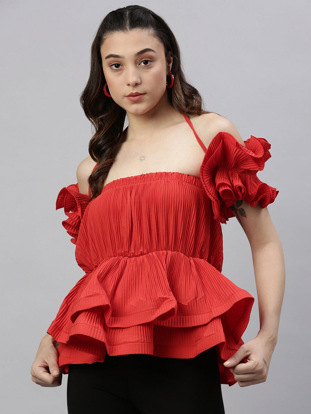 Women's Red Solid Lace Frills Bows and Ruffles Shoulder Straps Synthetic Crepe Top