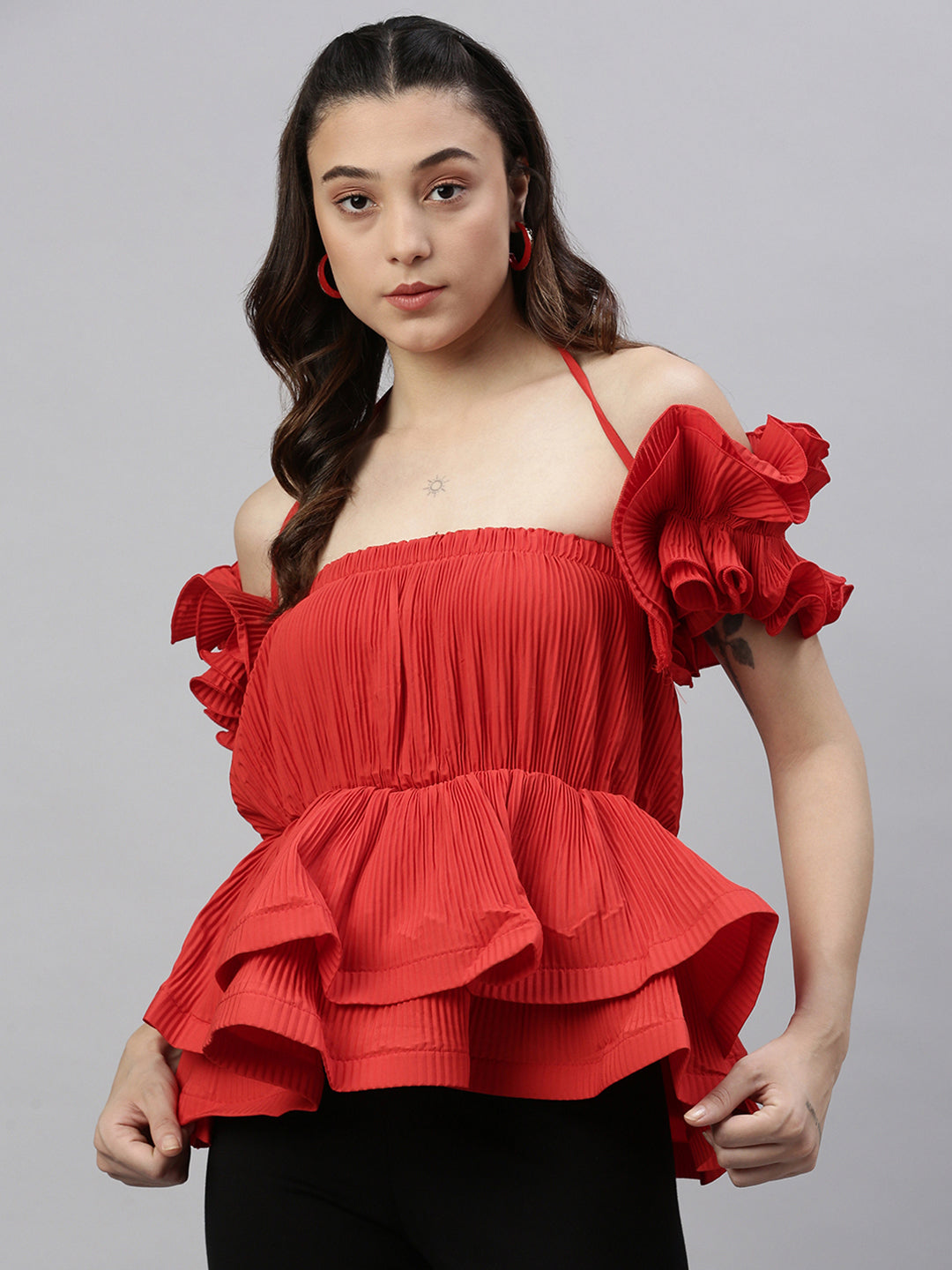 Women's Red Solid Lace Frills Bows and Ruffles Shoulder Straps Synthetic Crepe Top