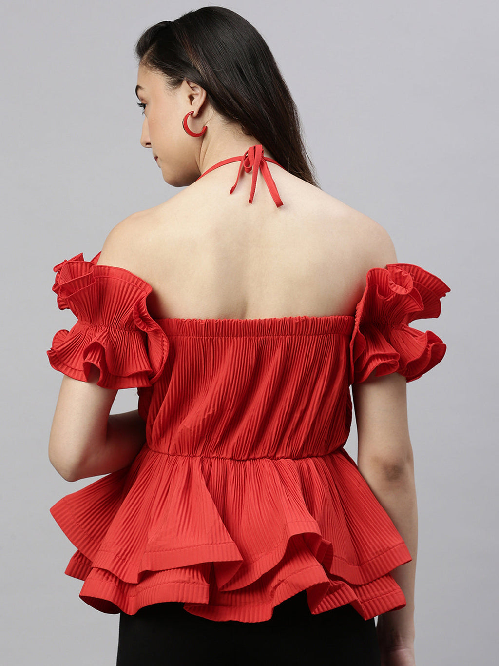 Women's Red Solid Lace Frills Bows and Ruffles Shoulder Straps Synthetic Crepe Top