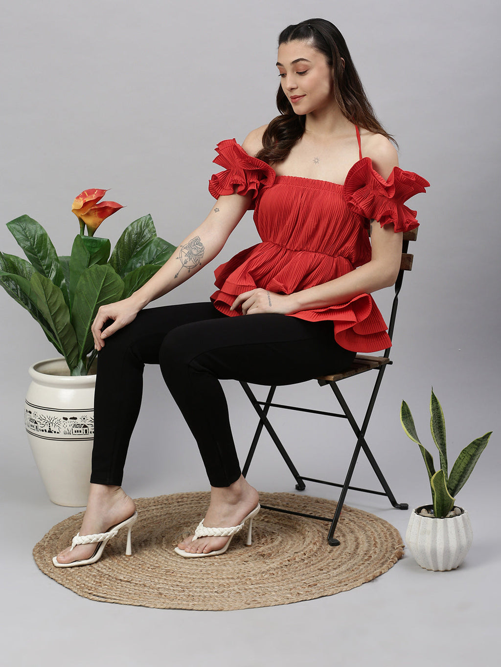 Women's Red Solid Lace Frills Bows and Ruffles Shoulder Straps Synthetic Crepe Top