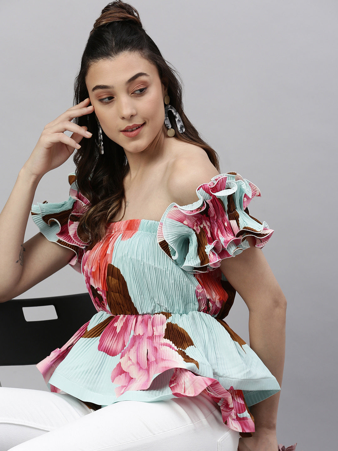 Women's Abstract Turquoise Blue Cinched Waist Top