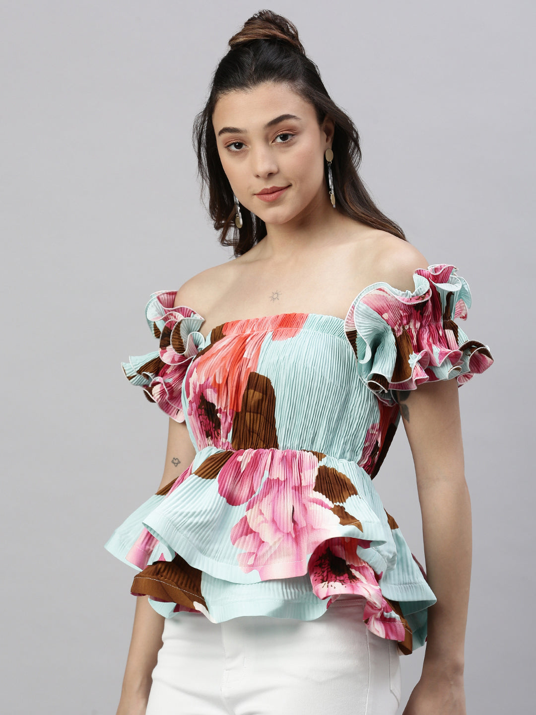 Women's Abstract Turquoise Blue Cinched Waist Top