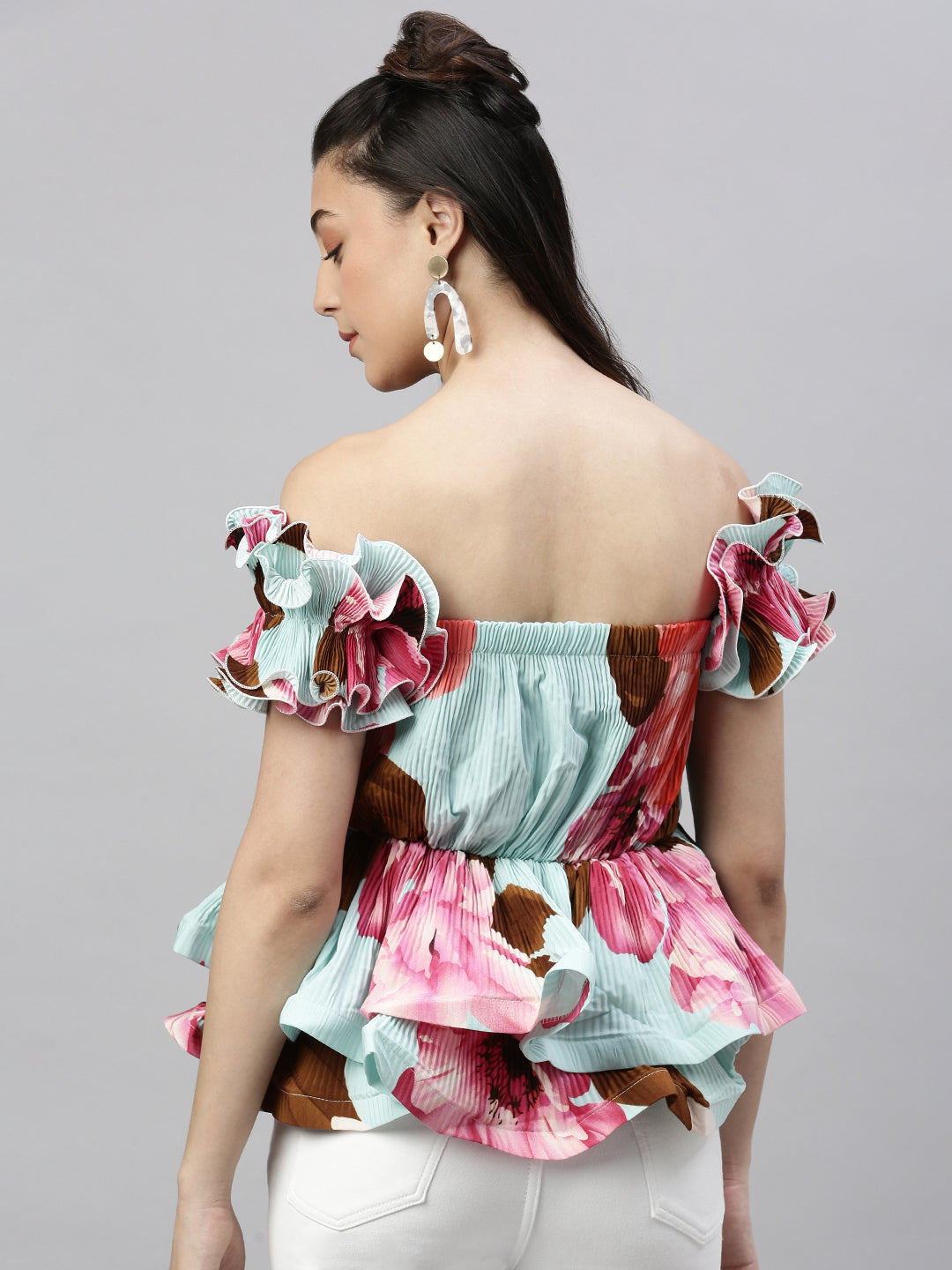 Women's Abstract Turquoise Blue Cinched Waist Top