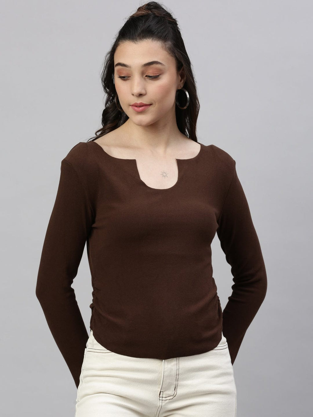 Women's Brown Solid Ruched Round Neck Acrylic Top