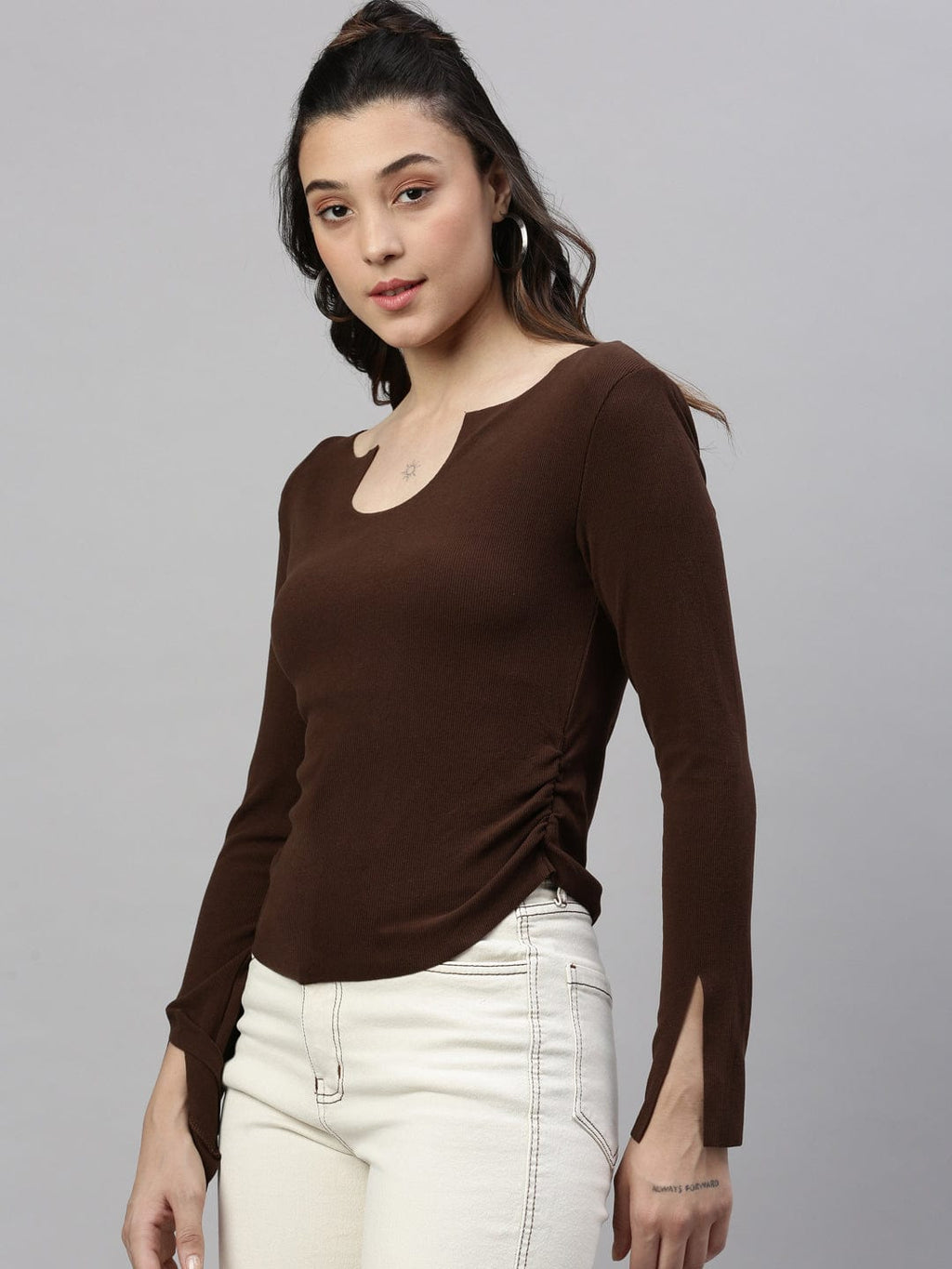 Women's Brown Solid Ruched Round Neck Acrylic Top