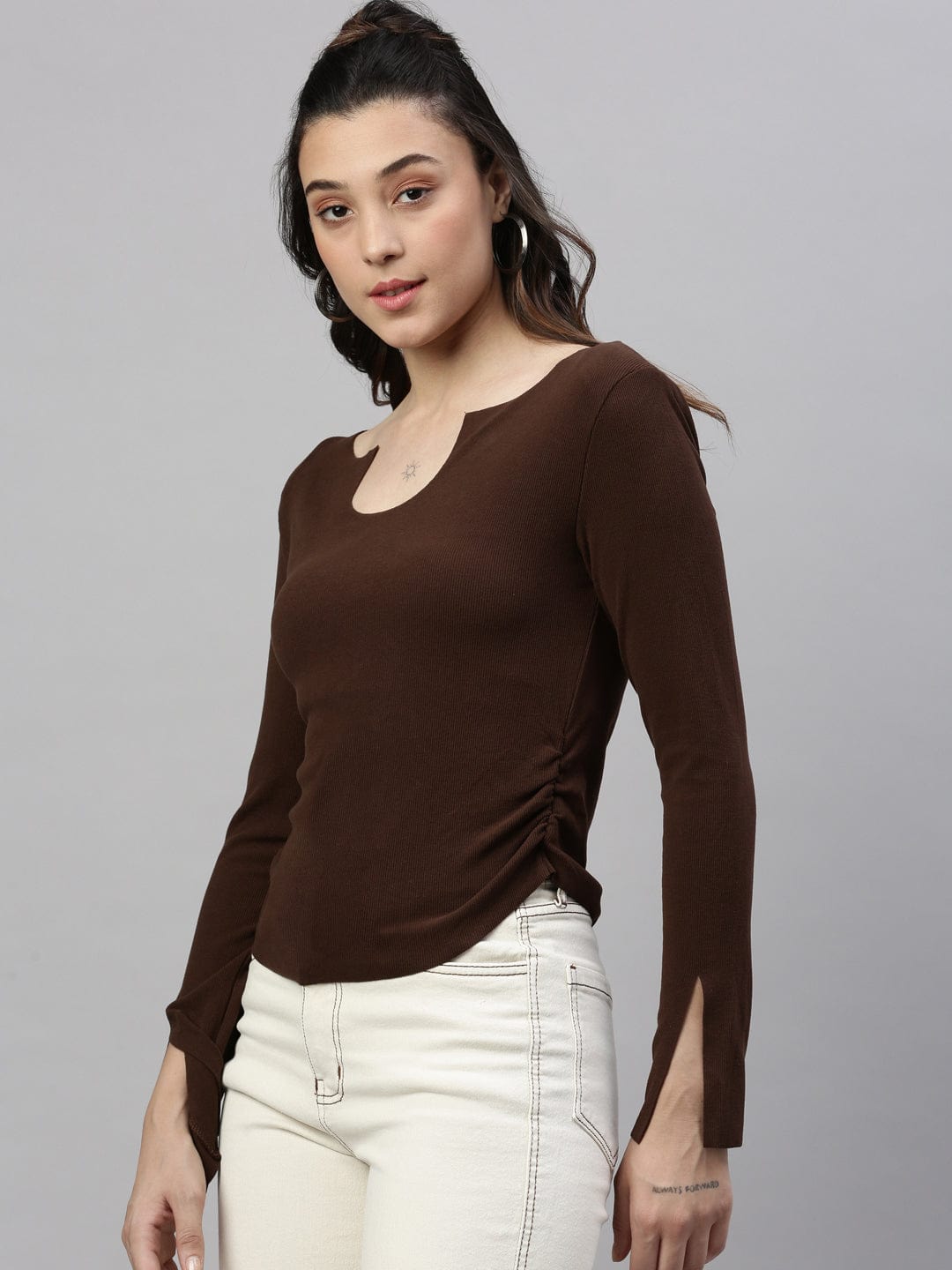 Women's Brown Solid Ruched Round Neck Acrylic Top