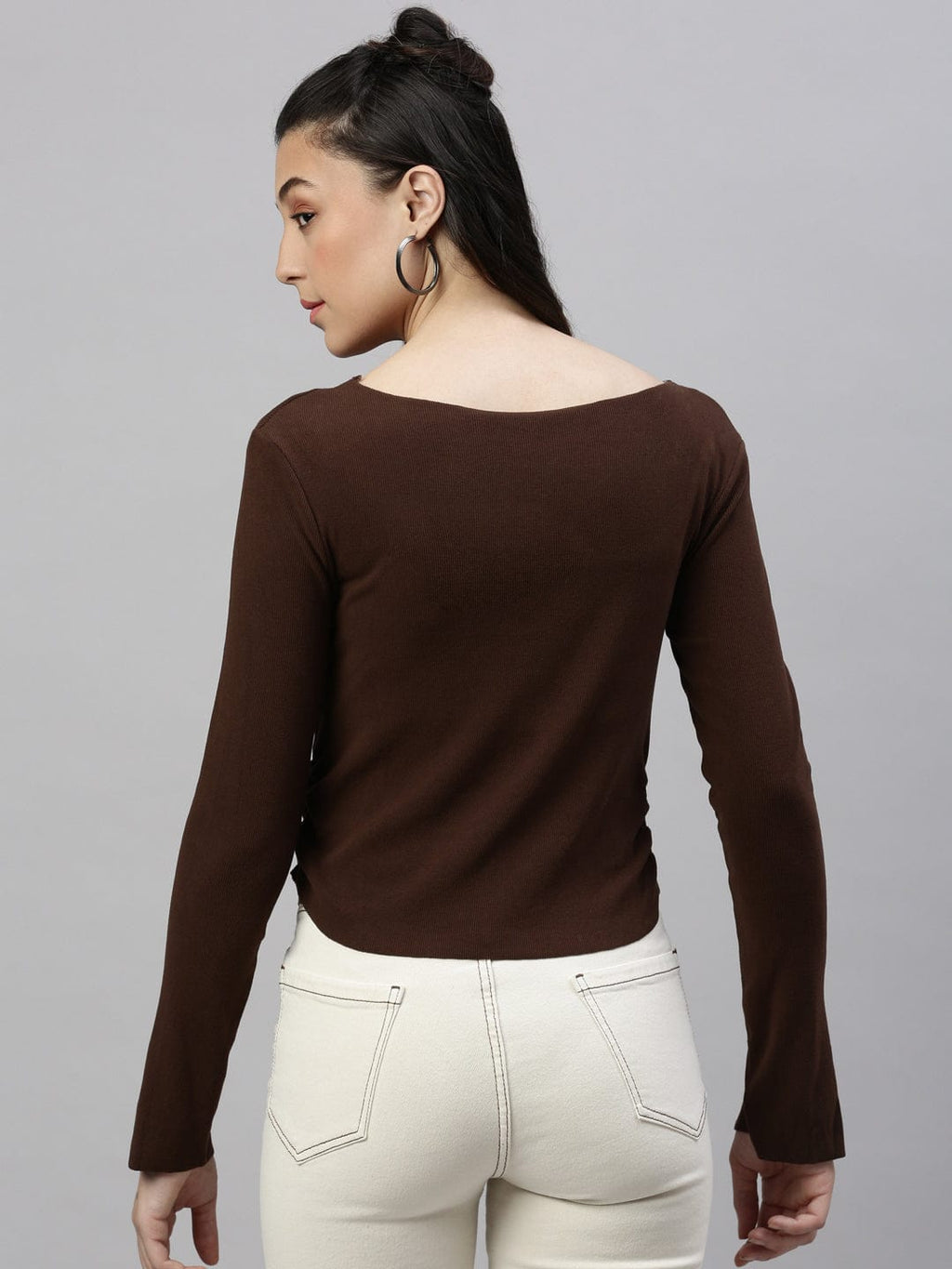 Women's Brown Solid Ruched Round Neck Acrylic Top
