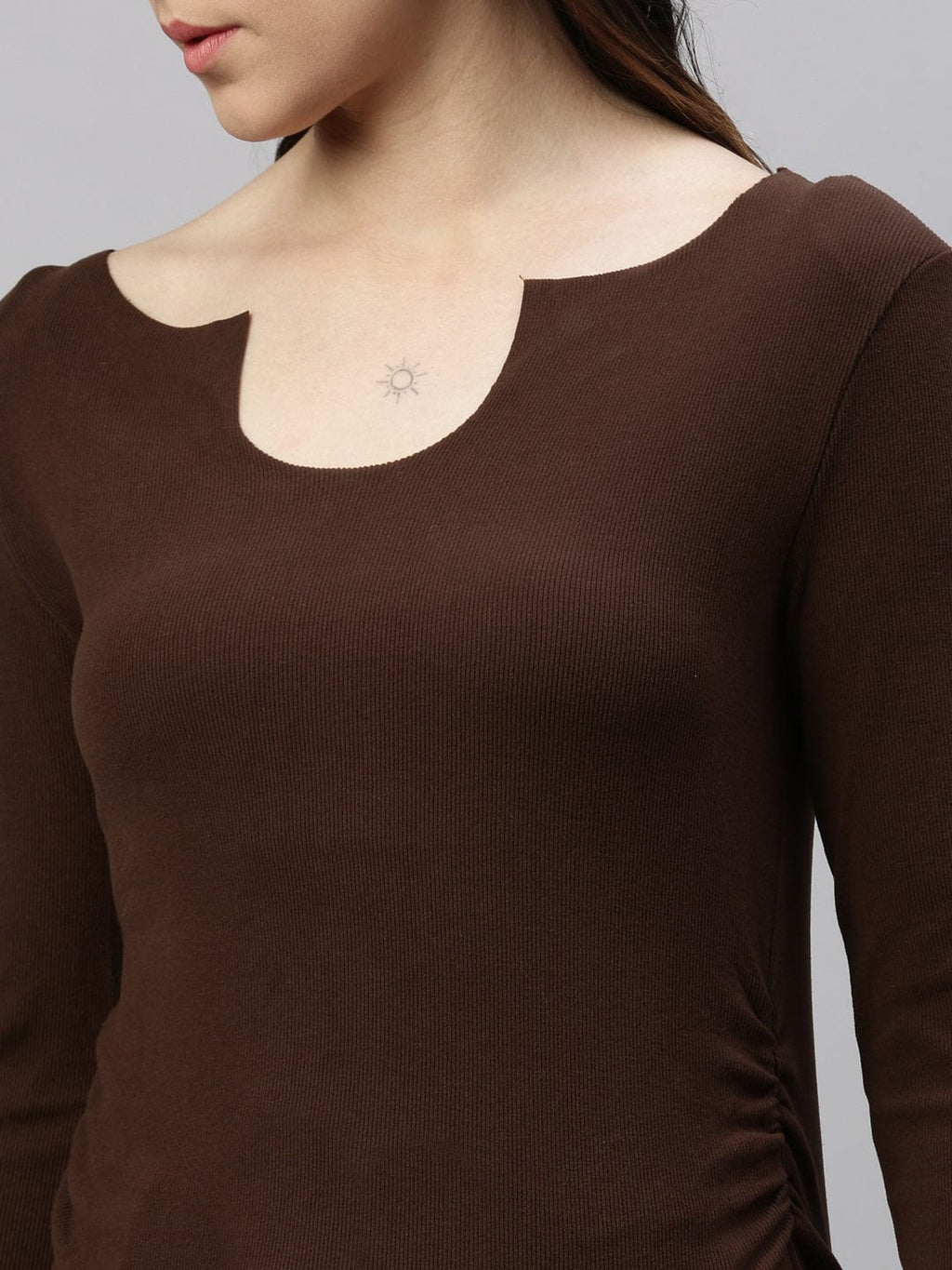 Women's Brown Solid Ruched Round Neck Acrylic Top