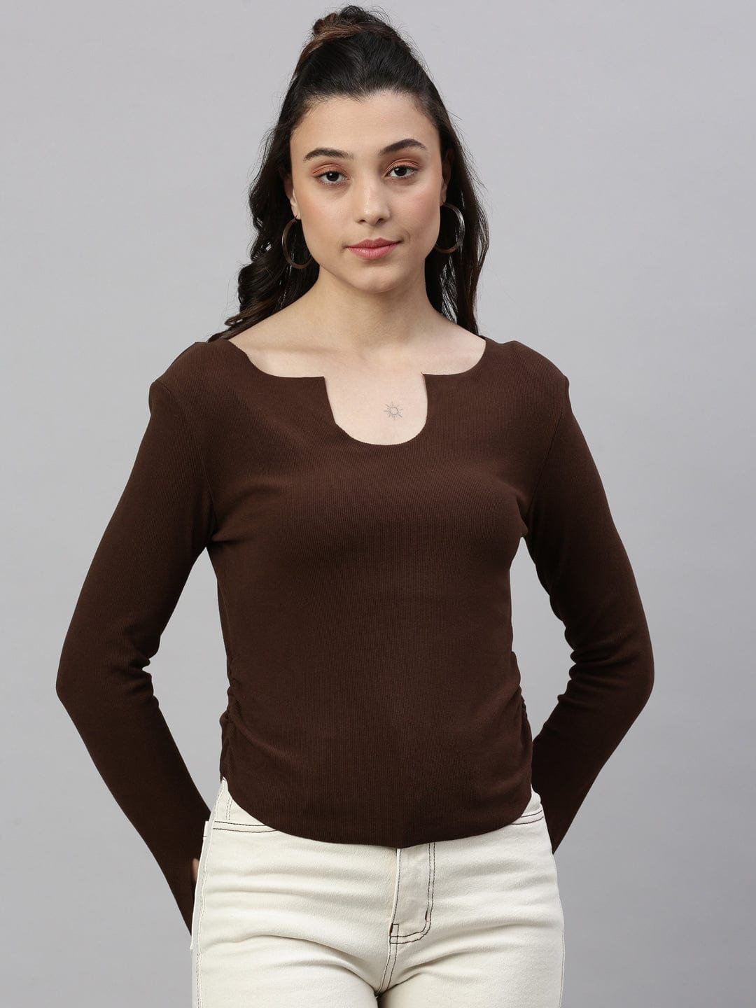Women's Brown Solid Ruched Round Neck Acrylic Top