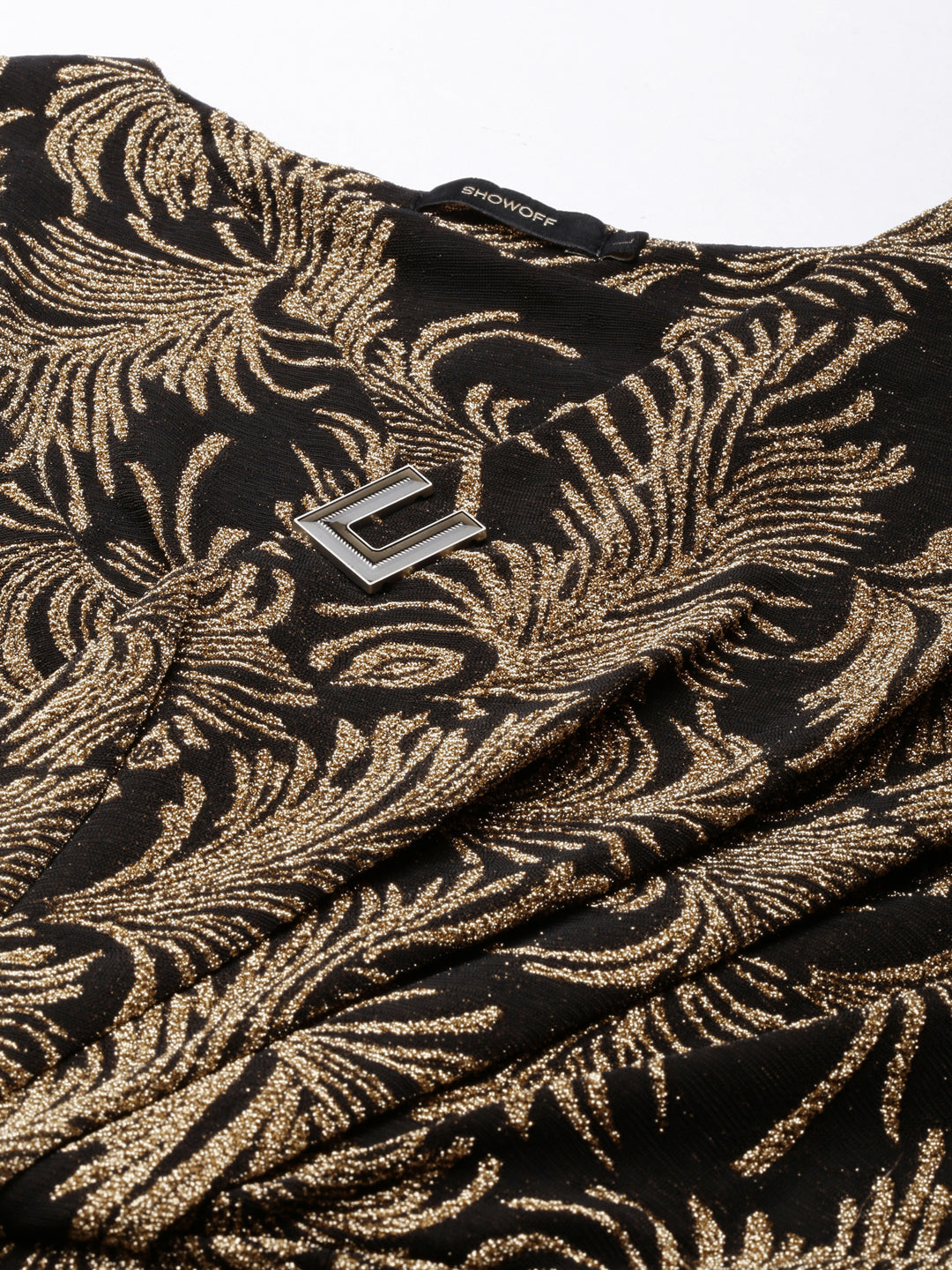 Women's Gold Tropical Printed V-Neck Puff Sleeves Gathered Detail Velvet Mini Wrap Dress