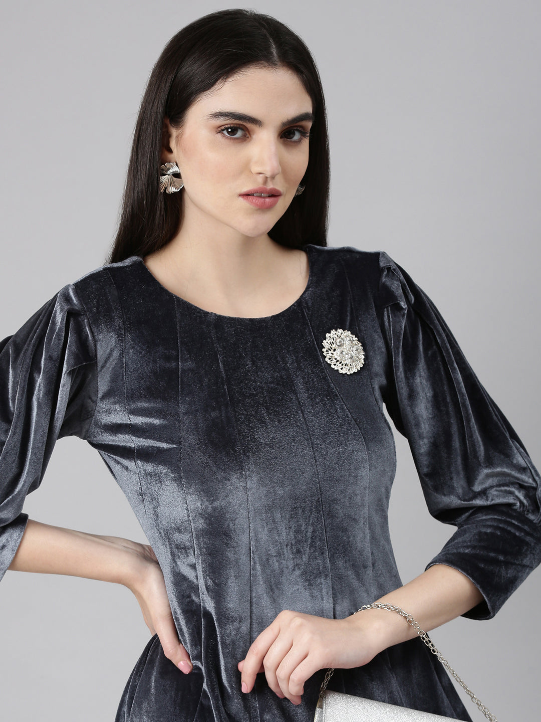 Women's Grey Cuffed Sleeves A-Line Dress