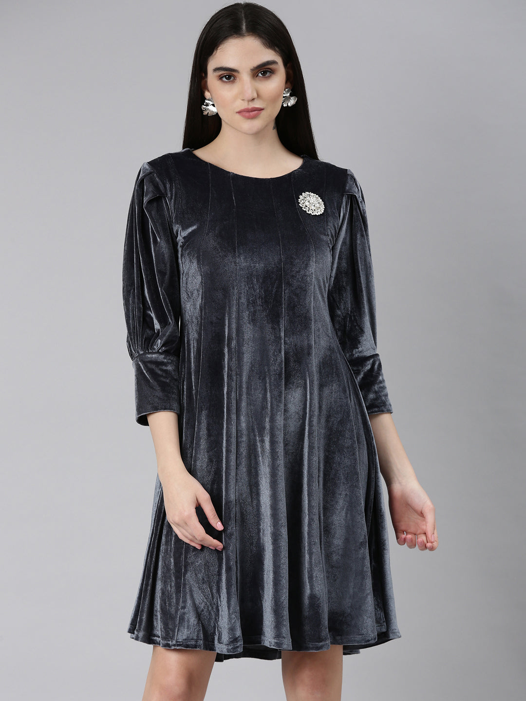 Women's Grey Cuffed Sleeves A-Line Dress