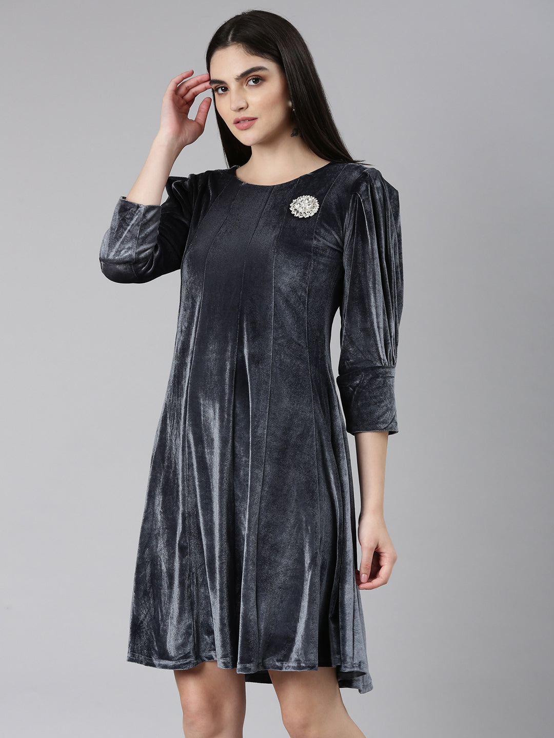 Women's Grey Cuffed Sleeves A-Line Dress