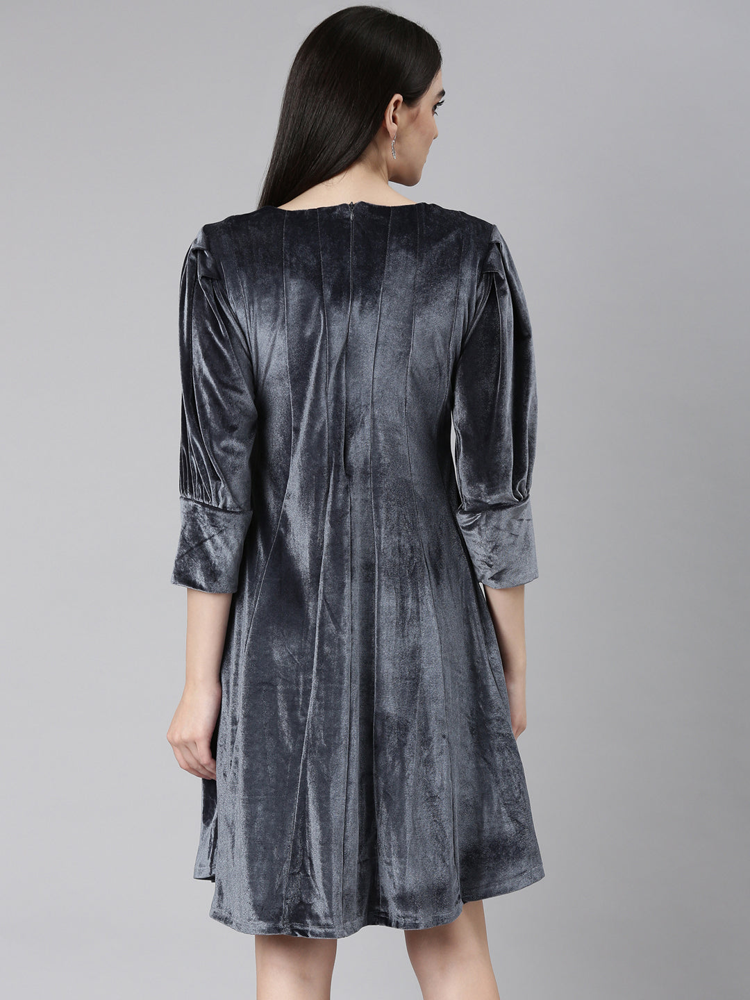 Women's Grey Cuffed Sleeves A-Line Dress