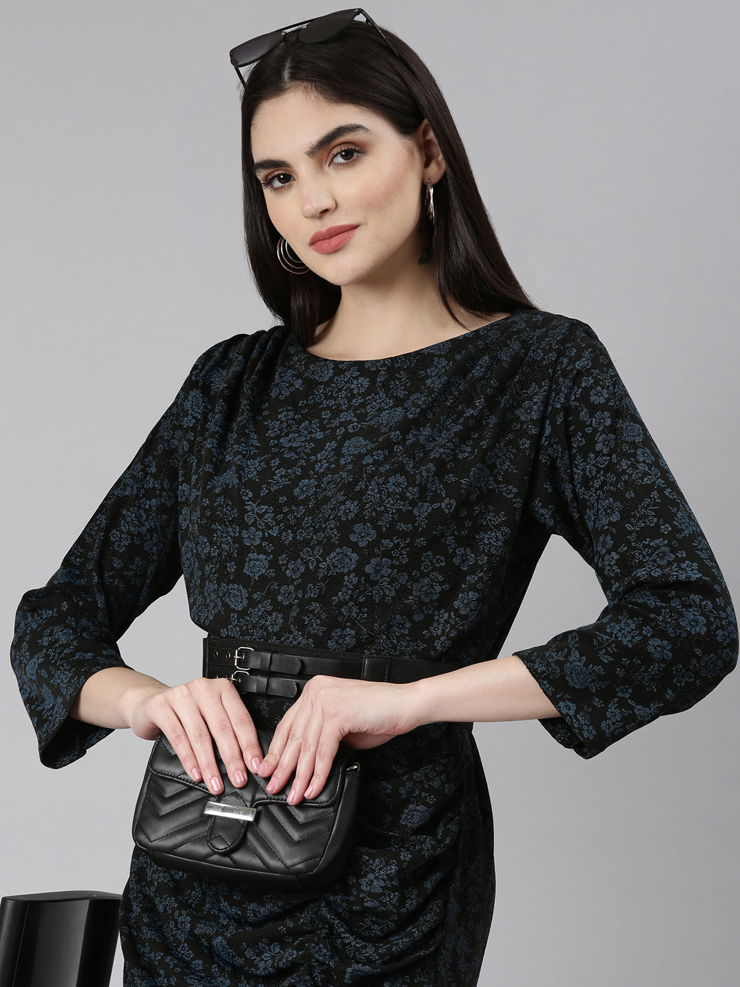 Women's Black Floral Printed Belted Sheath Dress