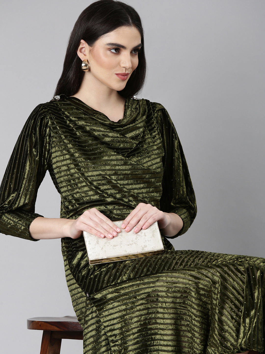 Women's Olive Cowl Neck Velvet Blouson Midi Dress