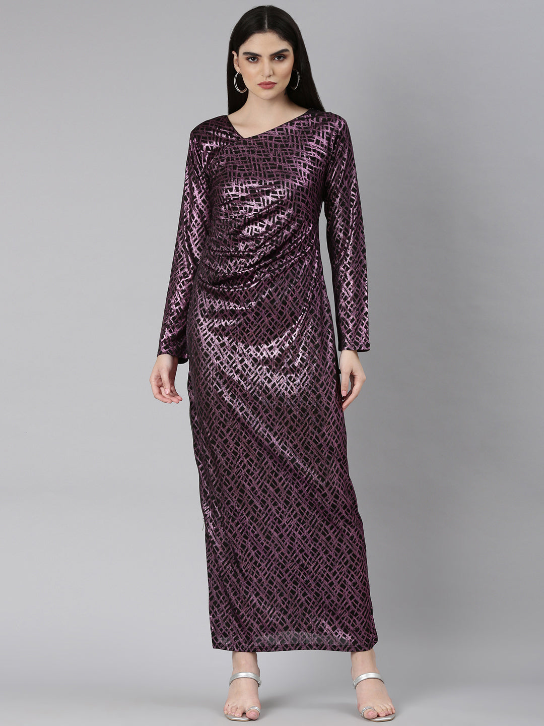 Women's Mauve Geometric Printed V-Neck Gathered Detail Fit & Flare Maxi Dress