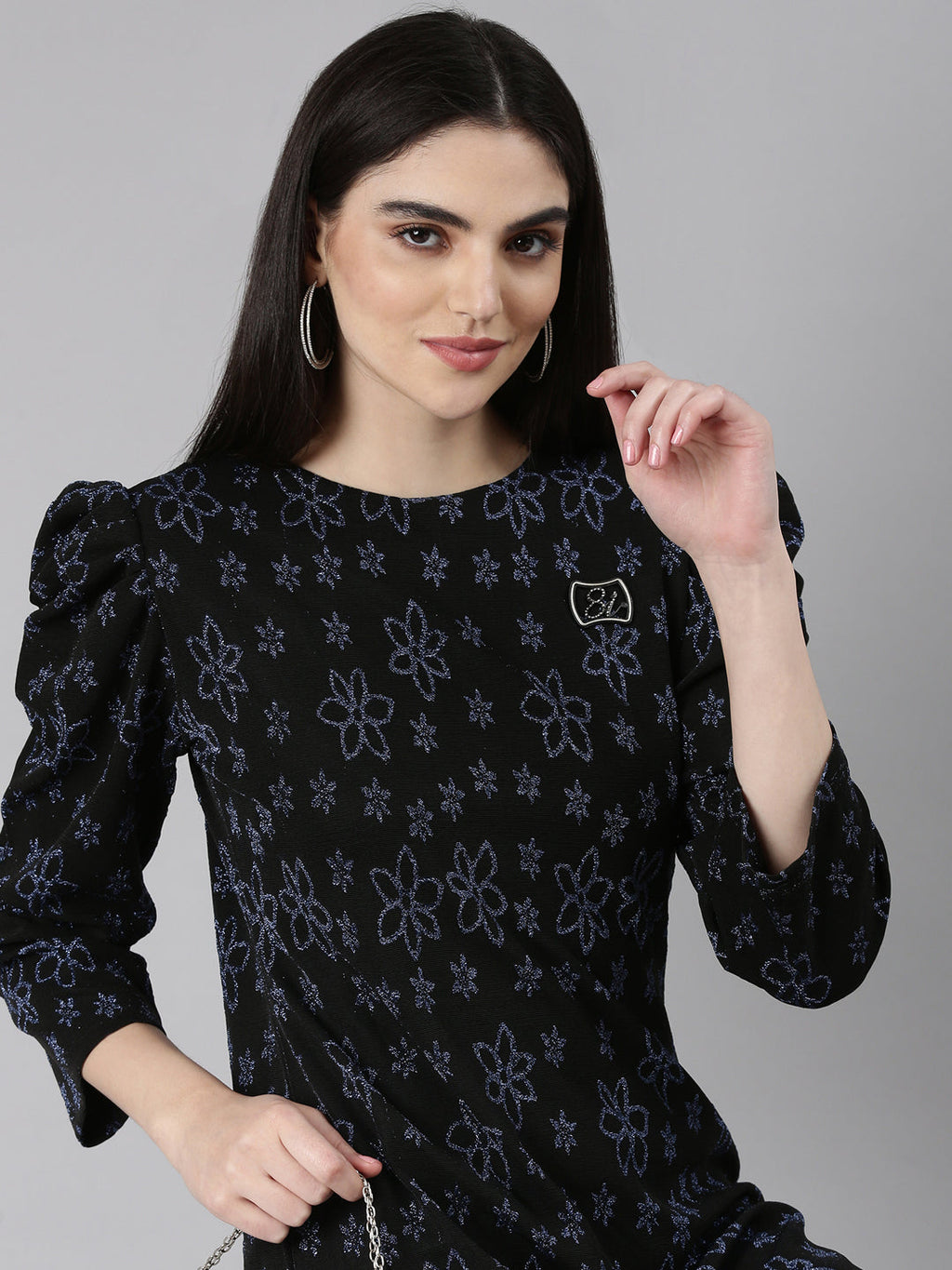 Women's Black Floral Printed Puff Sleeves A-Line Mini Dress