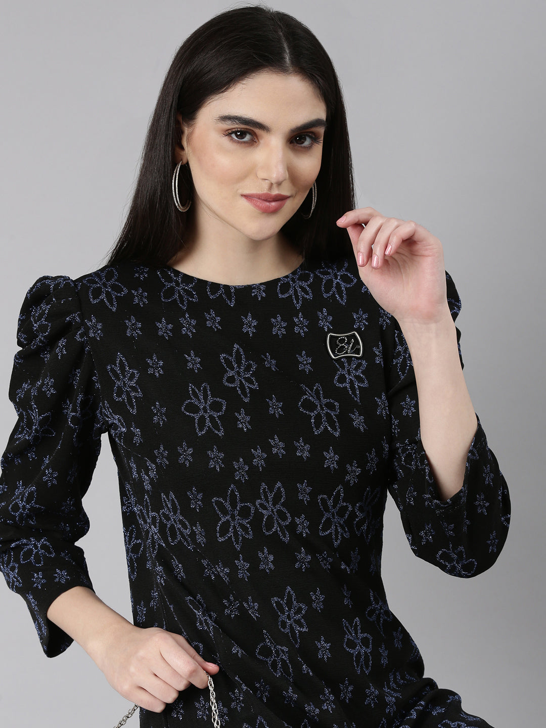 Women's Black Floral Printed Puff Sleeves A-Line Mini Dress