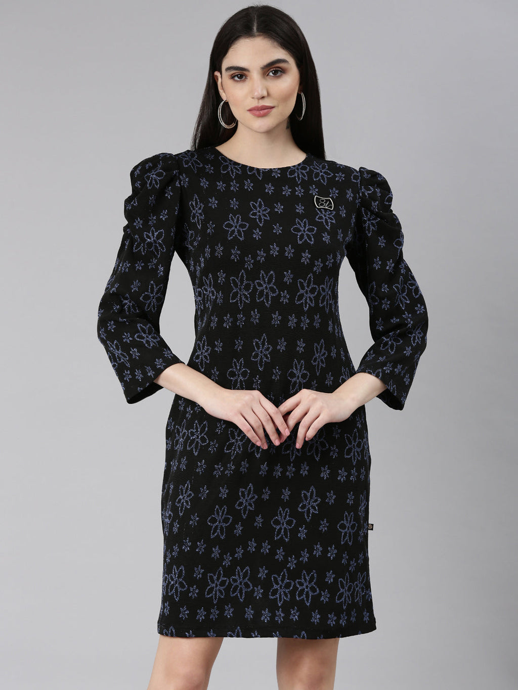 Women's Black Floral Printed Puff Sleeves A-Line Mini Dress
