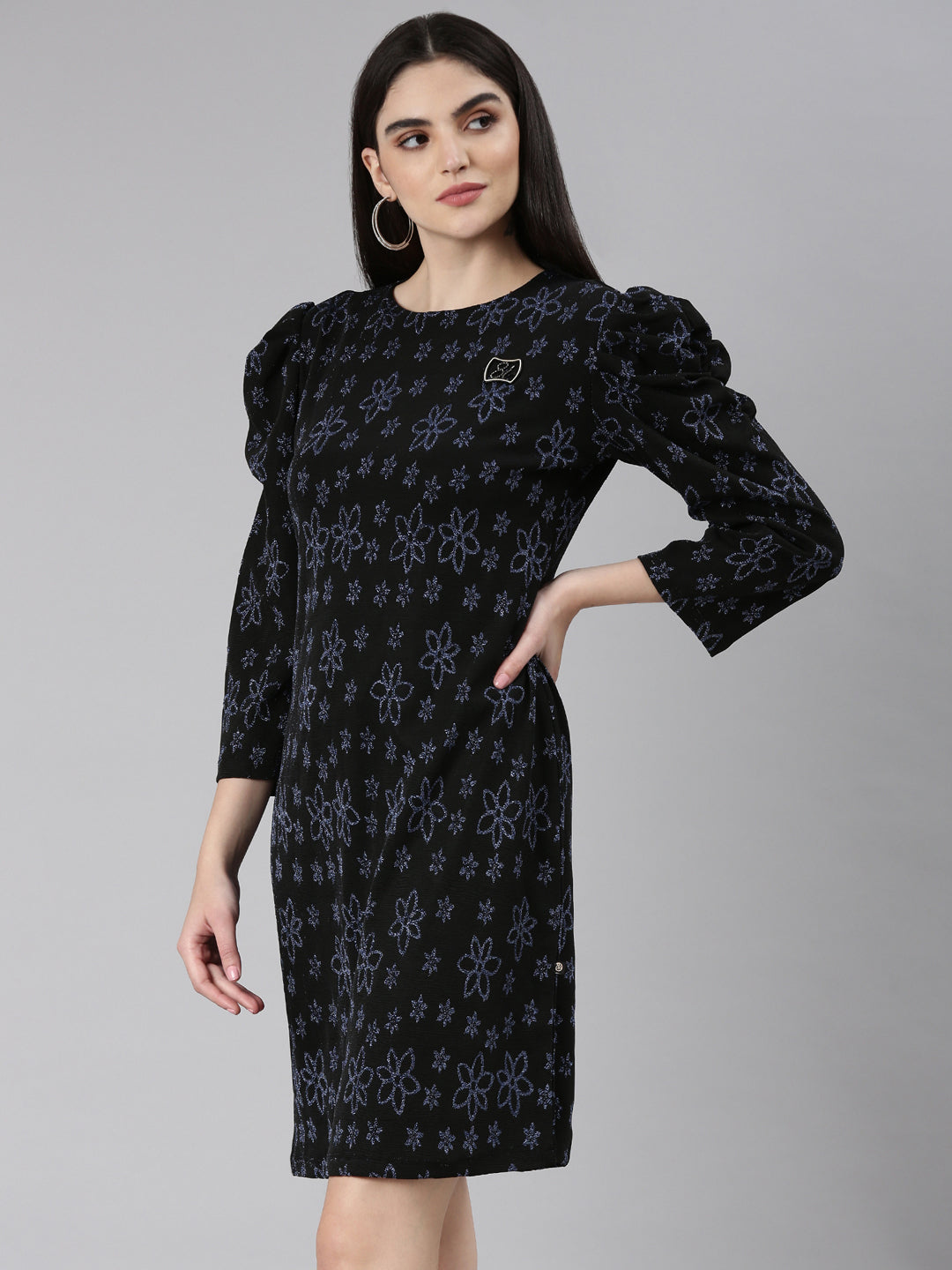 Women's Black Floral Printed Puff Sleeves A-Line Mini Dress
