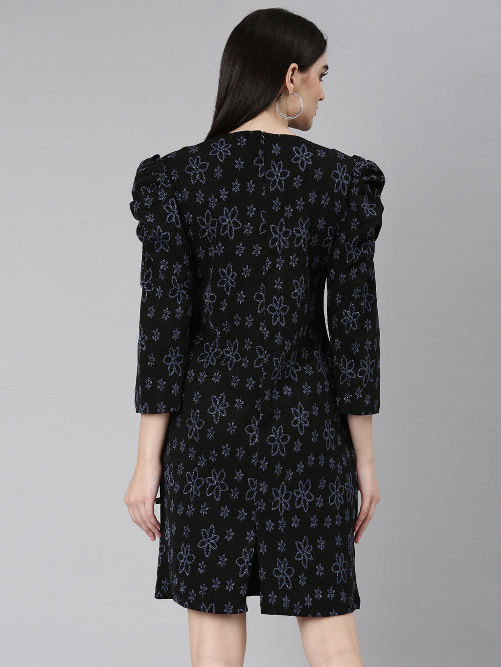Women's Black Floral Printed Puff Sleeves A-Line Mini Dress