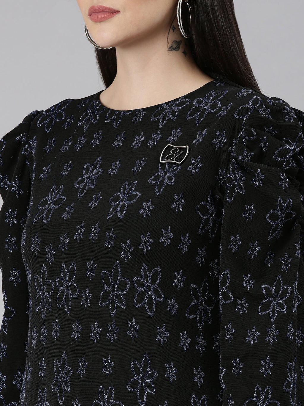 Women's Black Floral Printed Puff Sleeves A-Line Mini Dress