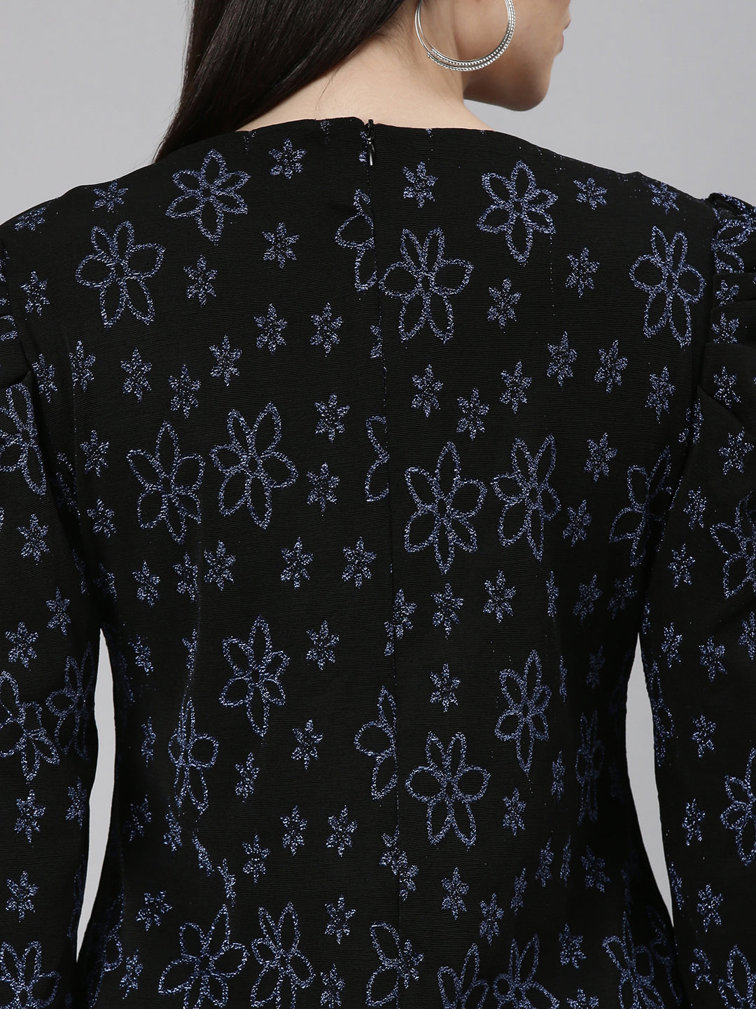 Women's Black Floral Printed Puff Sleeves A-Line Mini Dress