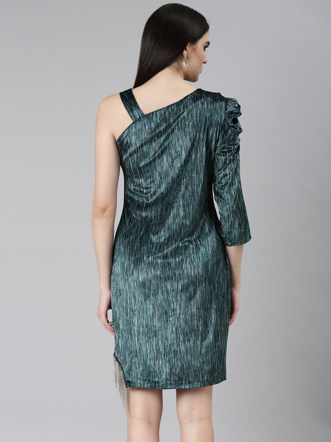 Women's Teal Striped One Shoulder Sheath Dress