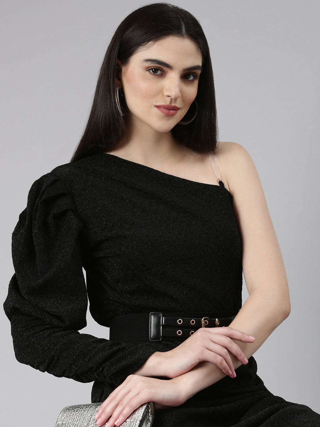 Women's Black Self Design Ruched Sheath Dress