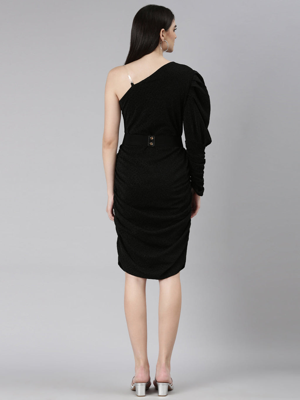 Women's Black Self Design Ruched Sheath Dress