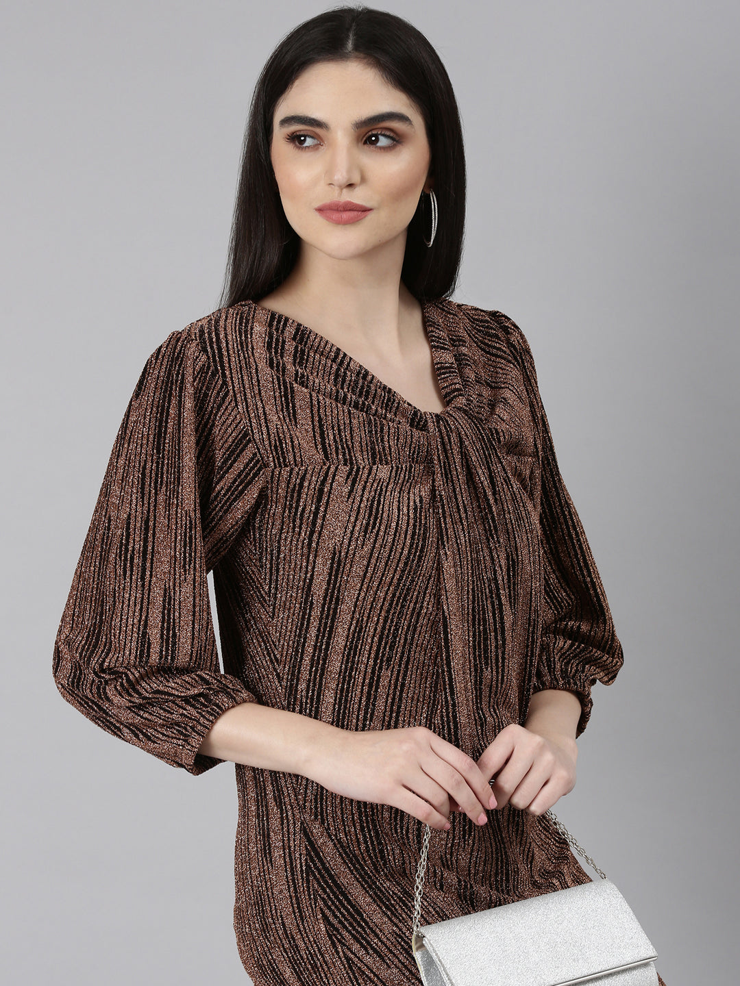 Women's Brown Striped V-Neck Puff Sleeves Bling & Sparkly Detail A-Line Maxi Dress