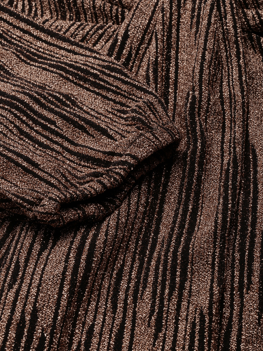 Women's Brown Striped V-Neck Puff Sleeves Bling & Sparkly Detail A-Line Maxi Dress