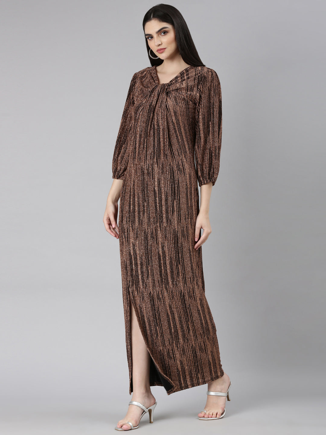 Women's Brown Striped V-Neck Puff Sleeves Bling & Sparkly Detail A-Line Maxi Dress