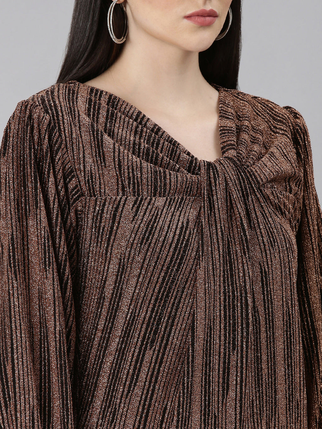 Women's Brown Striped V-Neck Puff Sleeves Bling & Sparkly Detail A-Line Maxi Dress