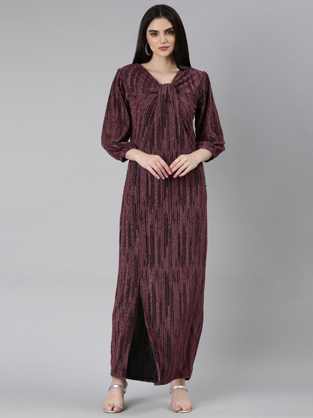 Women's Magenta Self Designed Cut-Out Detailed V-Neck Puff Sleeves Maxi Dress
