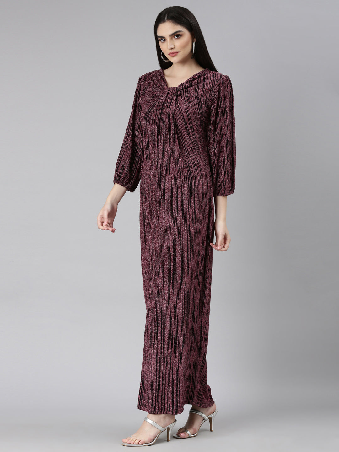 Women's Magenta Self Designed Cut-Out Detailed V-Neck Puff Sleeves Maxi Dress